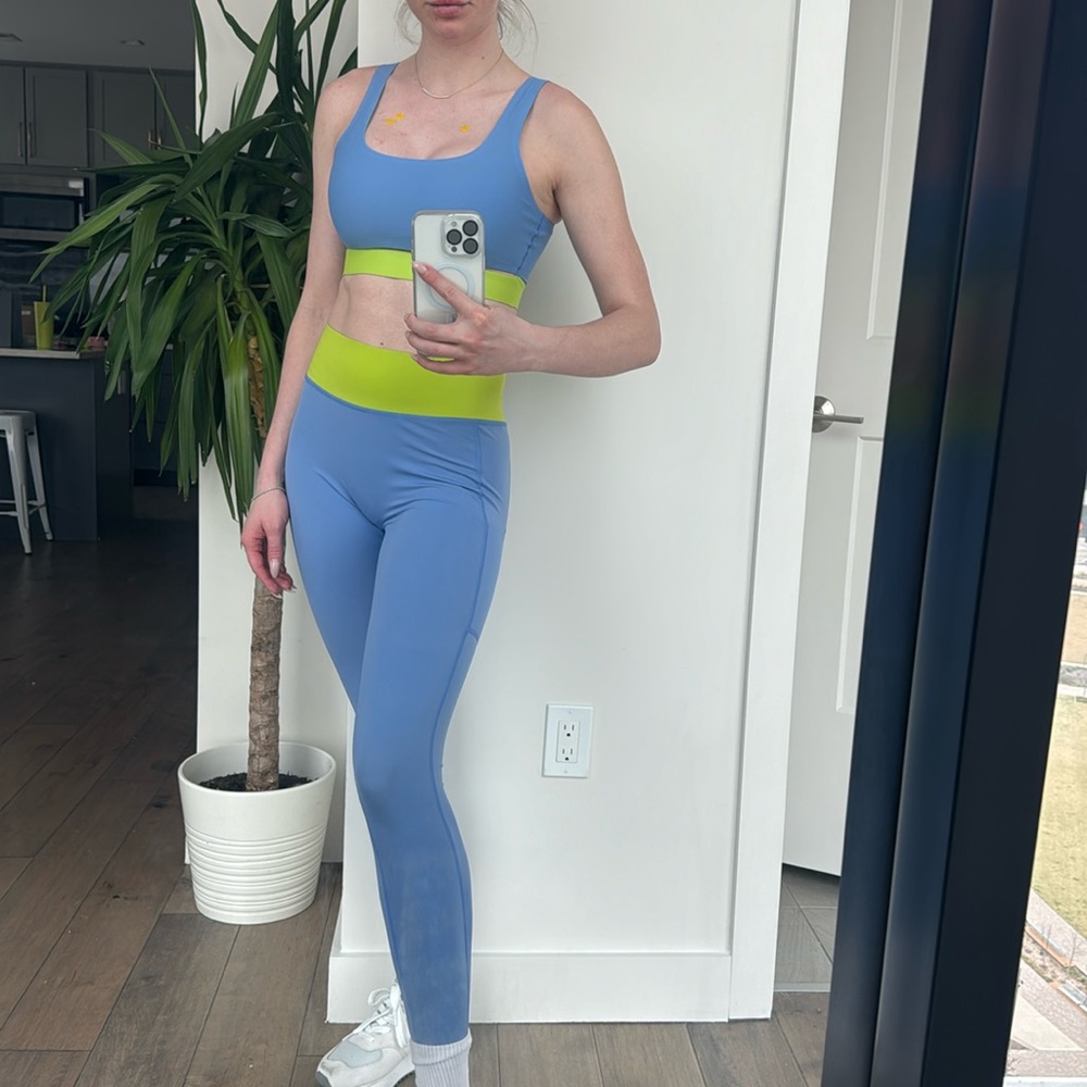 Neon green and blue parade workout set